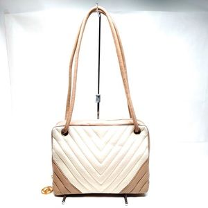 CHANEL V Stitch Women's Shoulder Crossbody Bag Cotton n Leather Beige